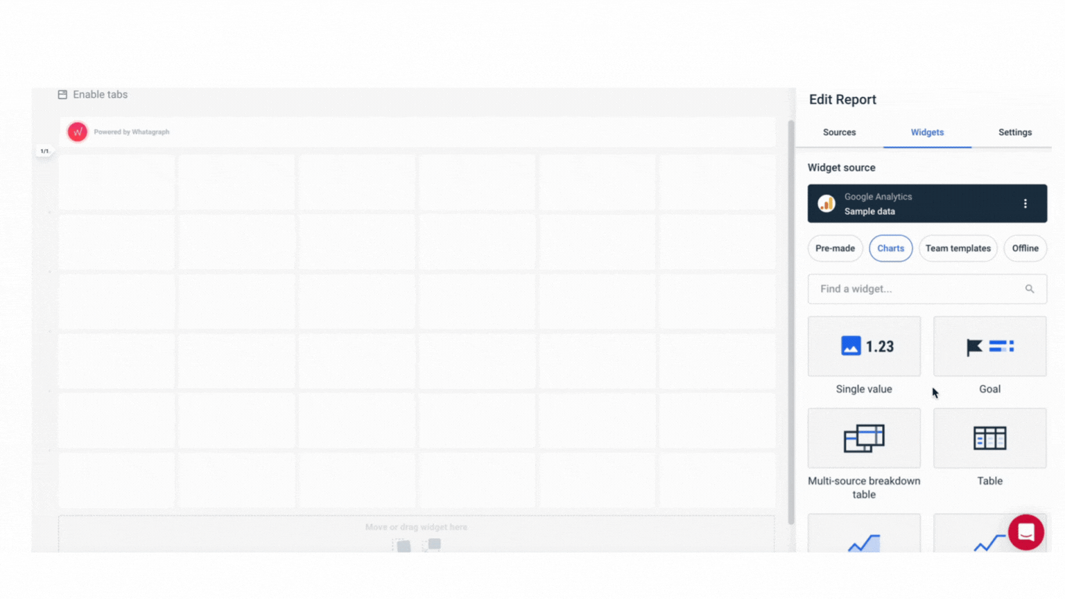 Whatagraph Report Builder - A report building interface showing data sources and widget options.