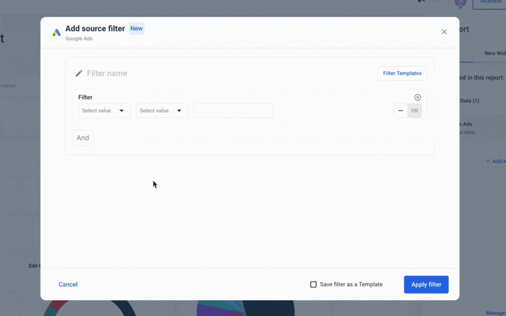Whatagraph Source Filter Feature - Source filter configuration interface.