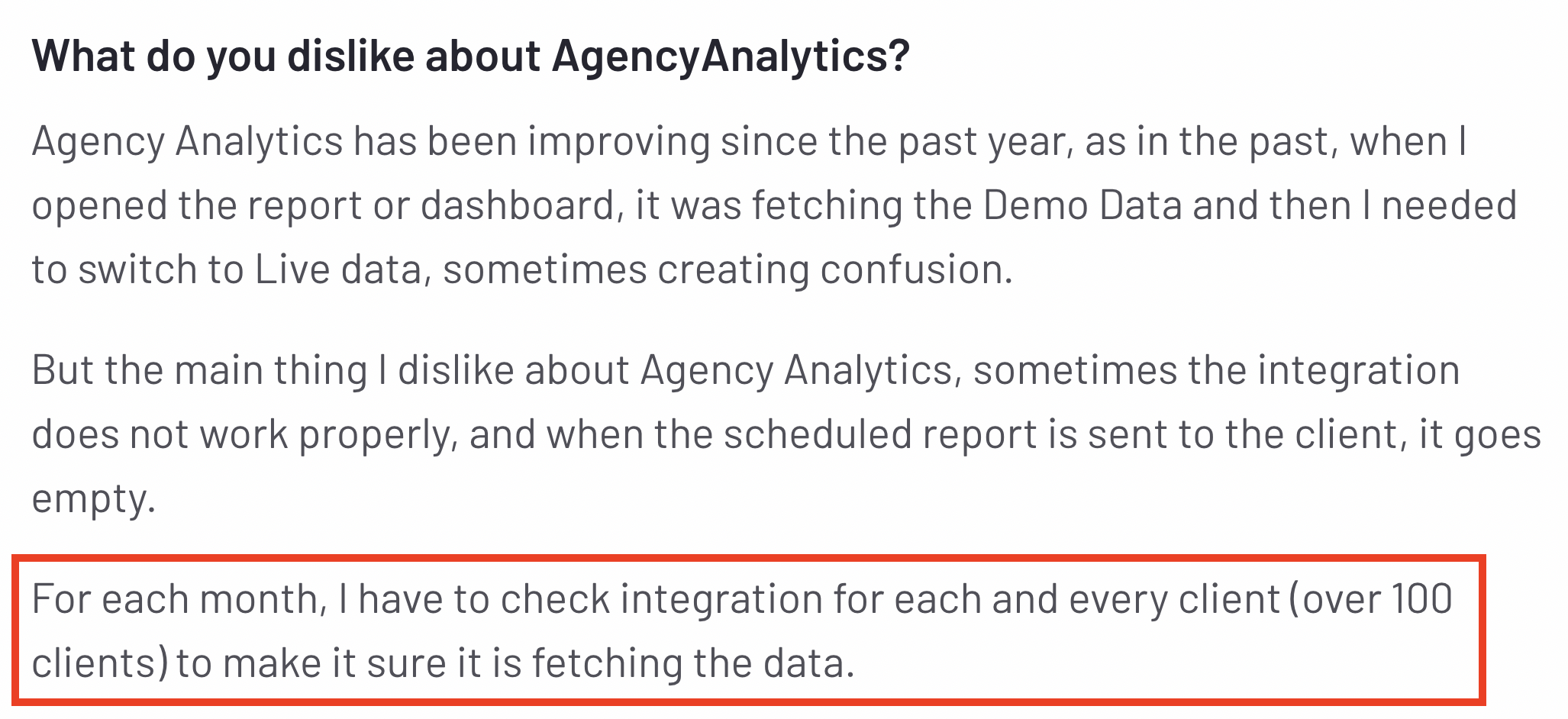 AgencyAnalytics checking integrations - Text about problems with integrations.