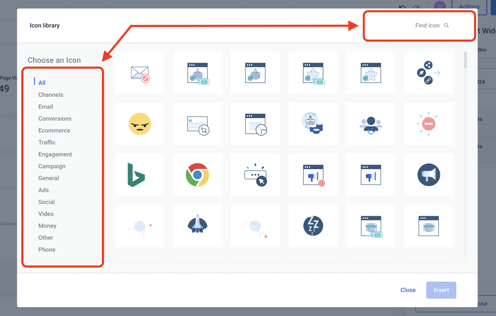 Icon Library - Icon library dialog with icon categories and search bar.