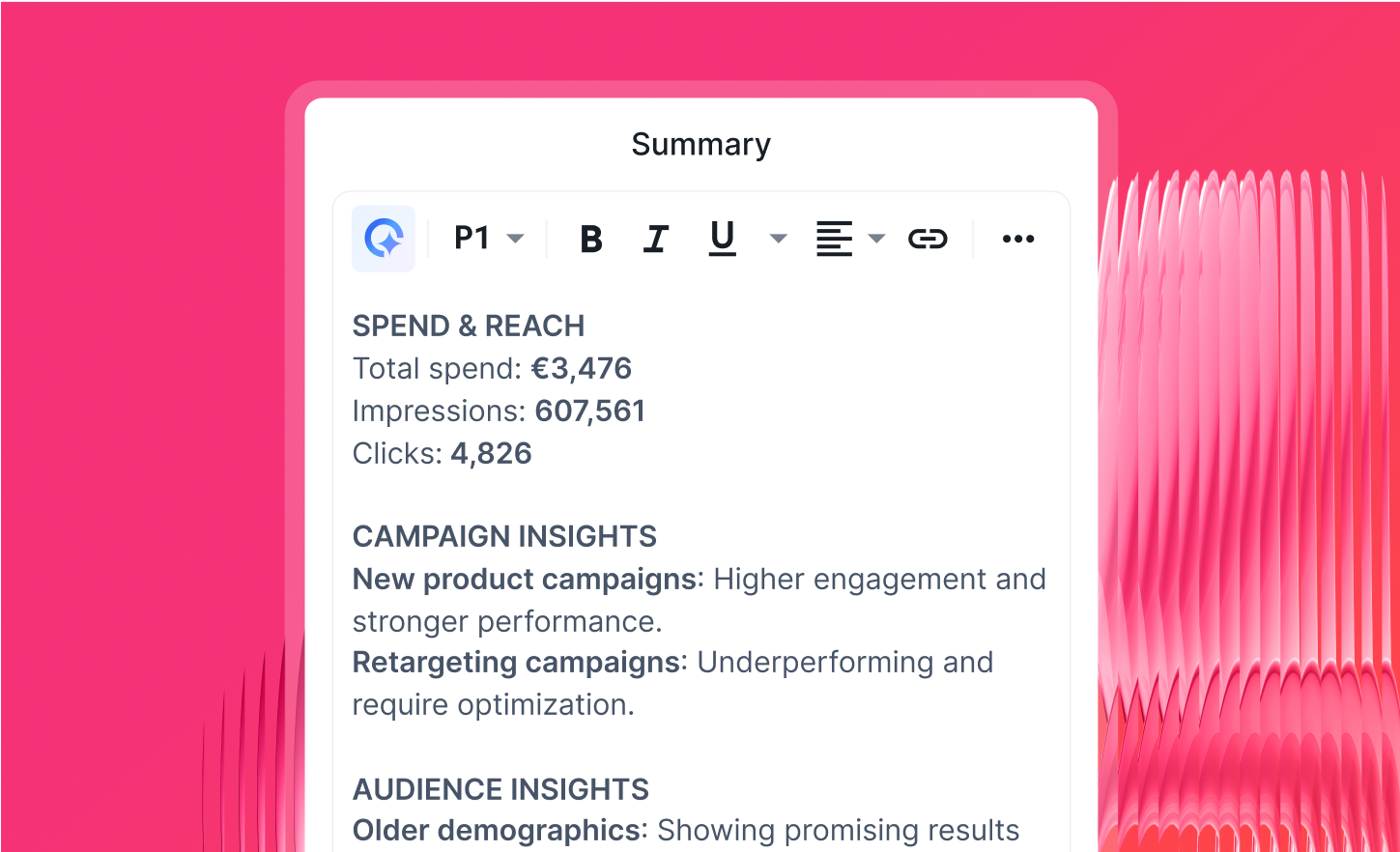 Insights Summary Chat - A summary of campaign data with metrics like spend, impressions, and clicks.