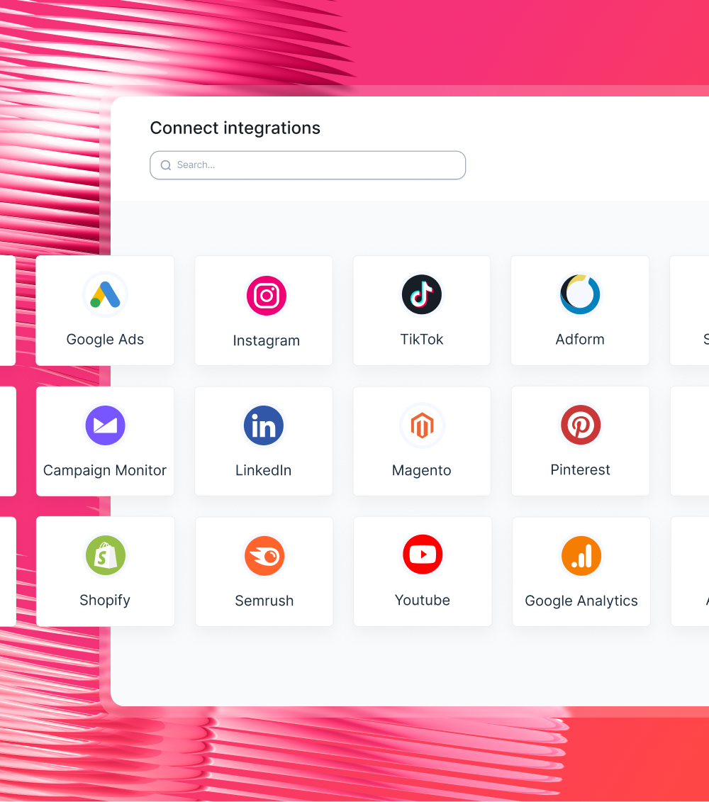 Integrations Mobile - Integrations grid with search; Google Ads, Instagram, TikTok, Adform, Shopify, Semrush, Youtube, and Google Analytics logos