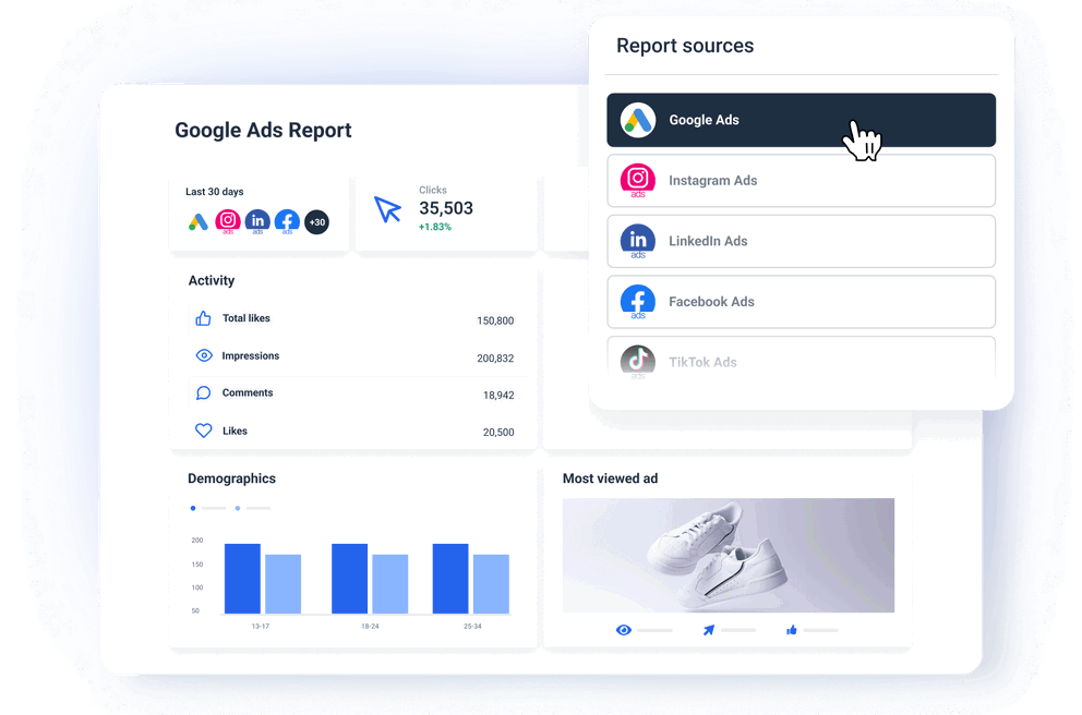 Simplify Cross Channel Ad Reporting - Screenshot of Google Ads report interface and options.
