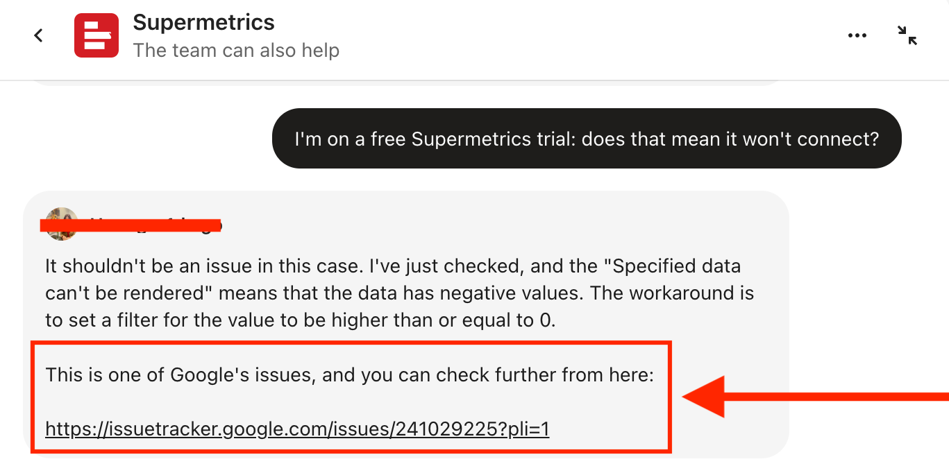 Supermetrics Support Team Reply - A screenshot of a support team response in a chat interface.
