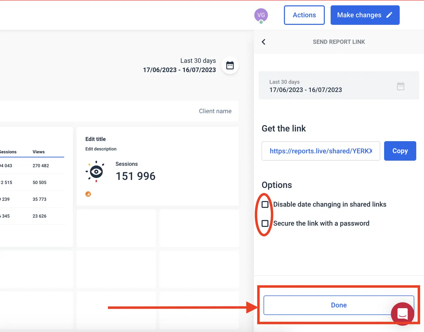 Whatagraph report sharing security - Interface to send report link with options and copy link.