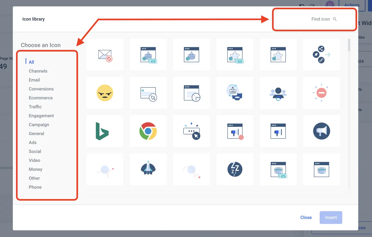 Whatagraph Icon Library - Icon selection window with icon categories and search bar.