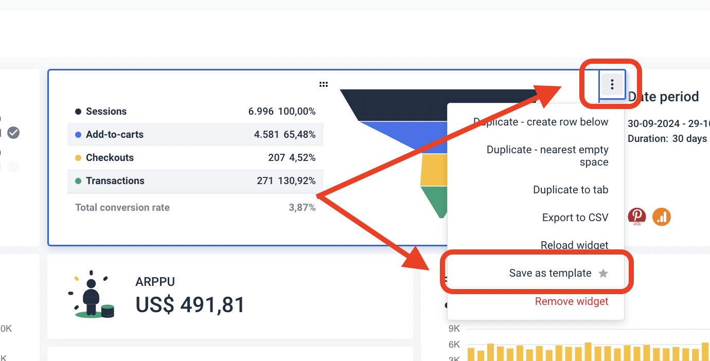 Whatagraph Save Widget As Template - Dashboard interface showing widget menu options with a 